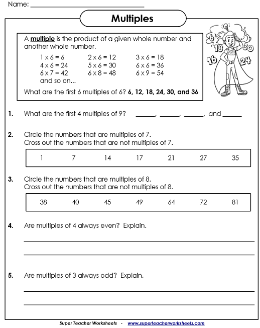 Fourth grade worksheet featuring math exercises for identifying multiples of whole numbers