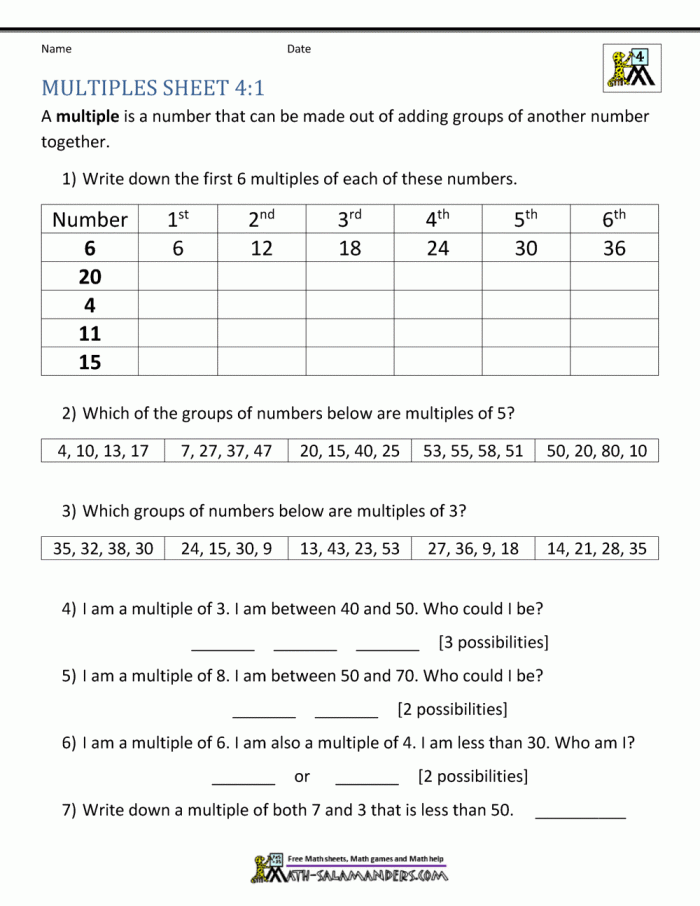Fourth grade math worksheet for students to practice finding multiples of whole numbers