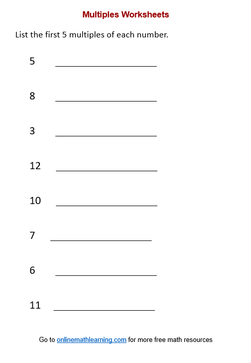 Fourth grade math worksheet for practicing finding multiples of whole numbers