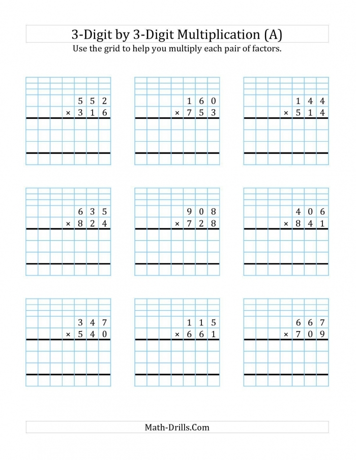 Educational resource for practicing multi-digit multiplication with regrouping techniques Worksheet featuring multiplication problems with two and three-digit factors for fourth graders