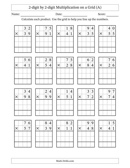 Fourth grade math worksheet featuring two-digit by one-digit multiplication problems