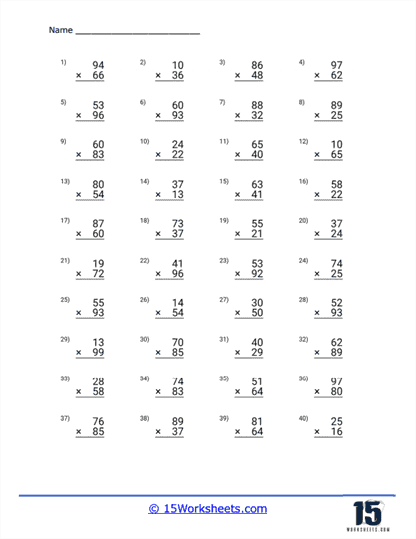 Two-digit multiplication worksheet for fourth graders featuring one-digit multipliers
