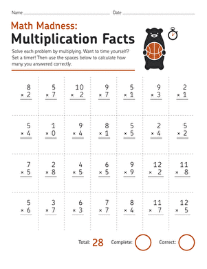Engaging Math Madness practice sheet for mastering multiplication skills Multiplication Facts worksheet for fourth graders focused on fractions