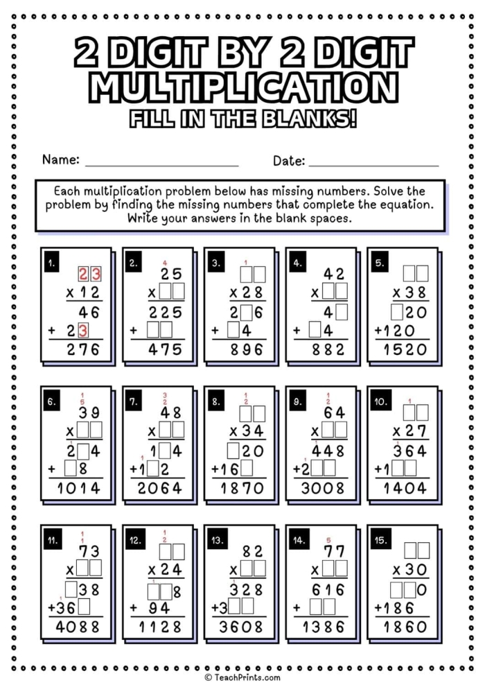 2-Digit by 2-Digit Multiplication worksheet designed for fourth graders to enhance their math skills