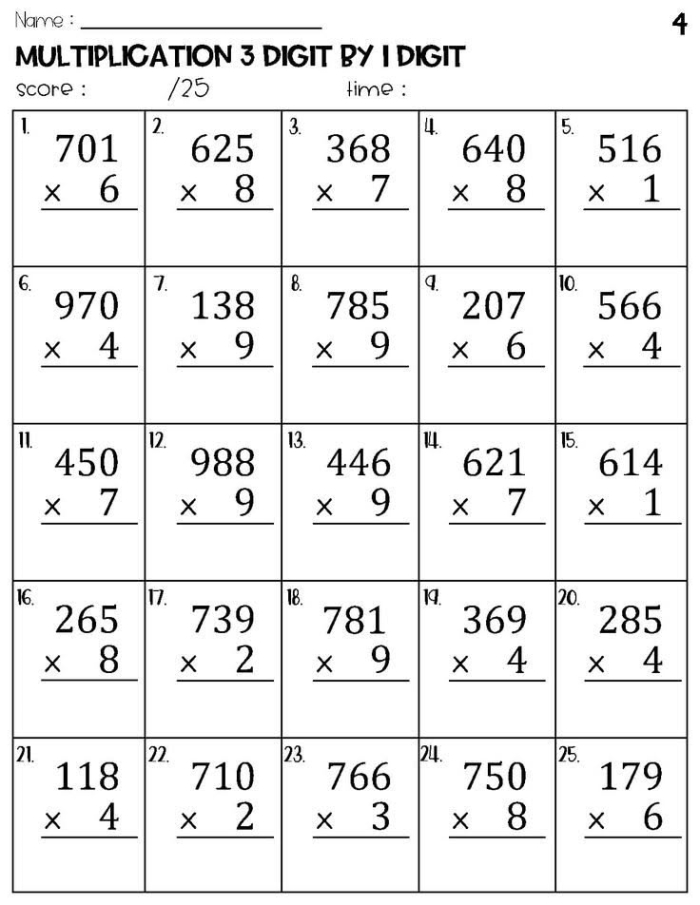 Practice multiplying 3-digit numbers with this engaging worksheet designed for fourth graders 3-Digit by 1-Digit Multiplication worksheet for fourth-grade students to practice math skills