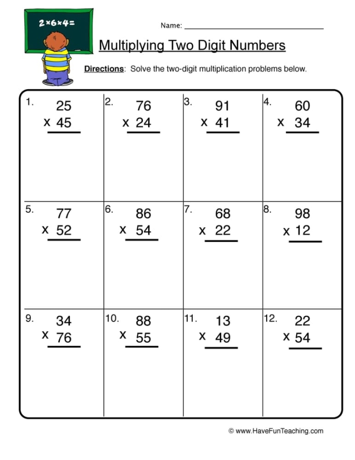 Two-Digit Multiplication Practice Sheet 14 for Elementary Math Students Fourth grade student solving two-digit multiplication problems using traditional vertical multiplication method on a practice worksheet