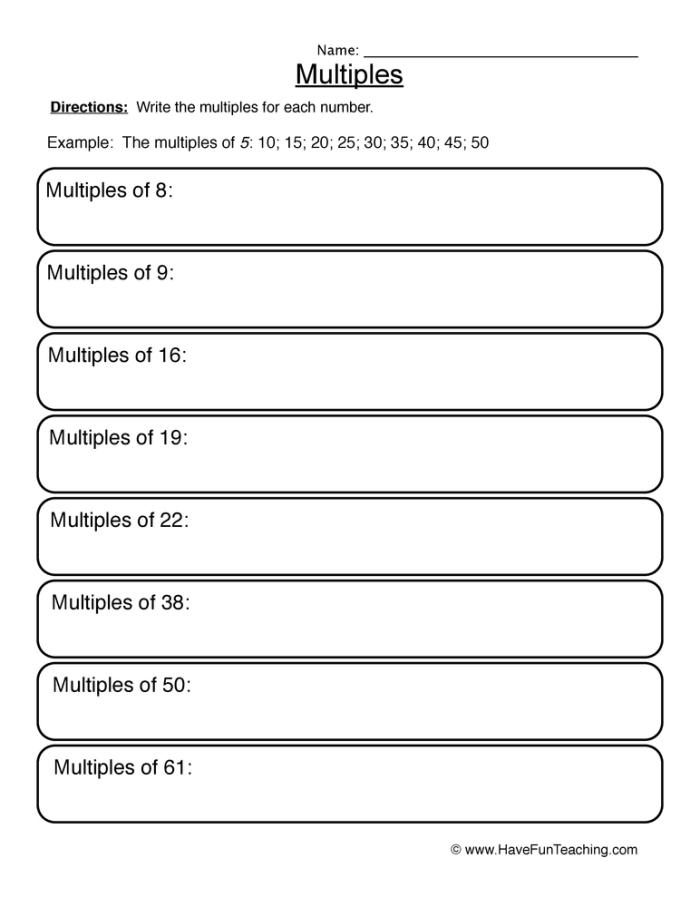 Fourth grade students practicing multiplication concepts by identifying multiples of whole numbers on a math worksheet