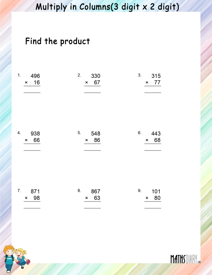 History themed 3-digit by 1-digit multiplication practice worksheet page 3 Fourth grade student completing a 3-digit by 1-digit multiplication worksheet page three