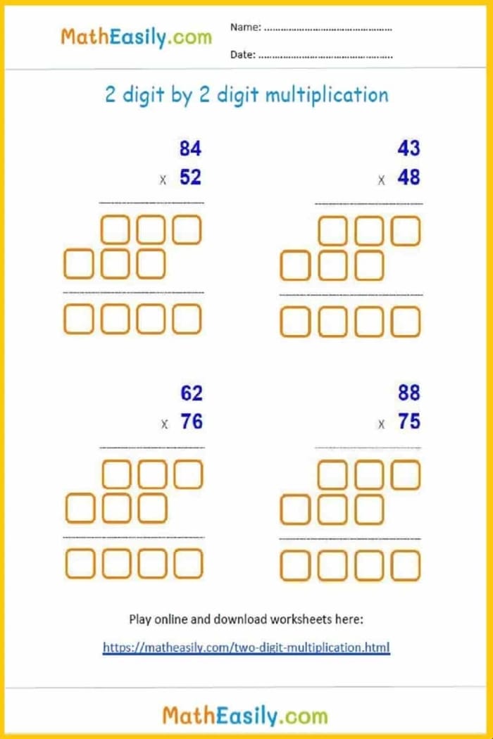 Fourth grade two-digit by one-digit multiplication practice worksheet 22