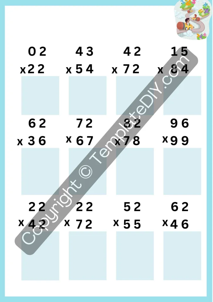 Worksheet featuring 2-digit by 2-digit multiplication problems for fourth graders