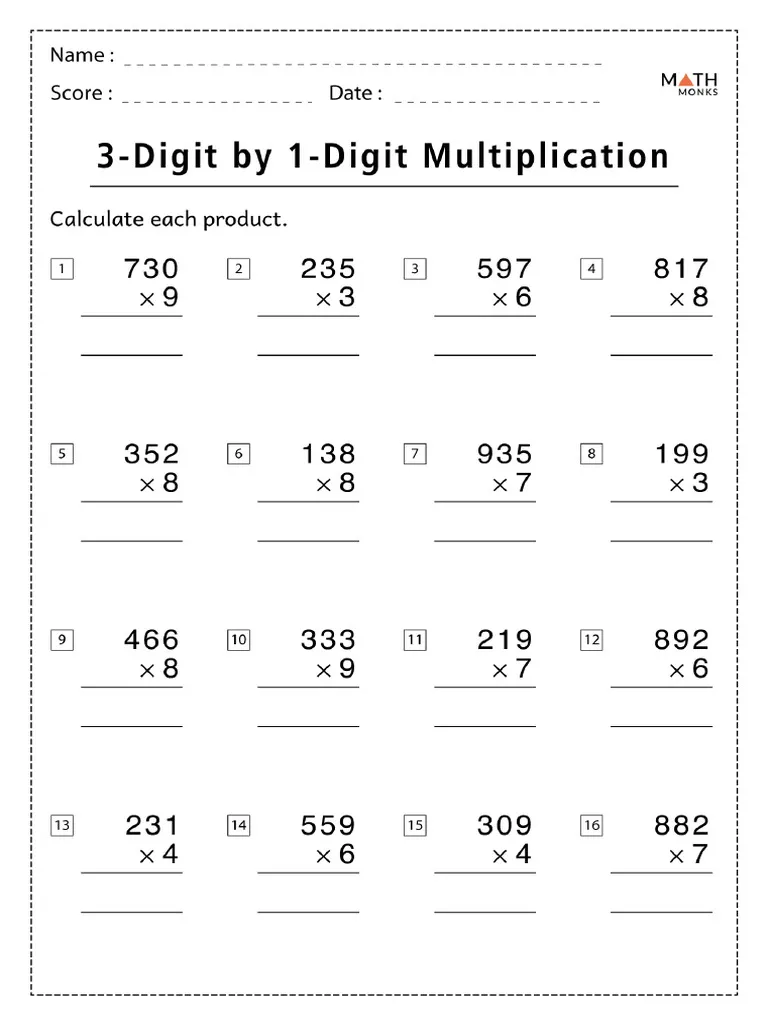 3-Digit by 1-Digit Multiplication Worksheet 13 Fourth grade math worksheet featuring 3-digit by 1-digit multiplication problems