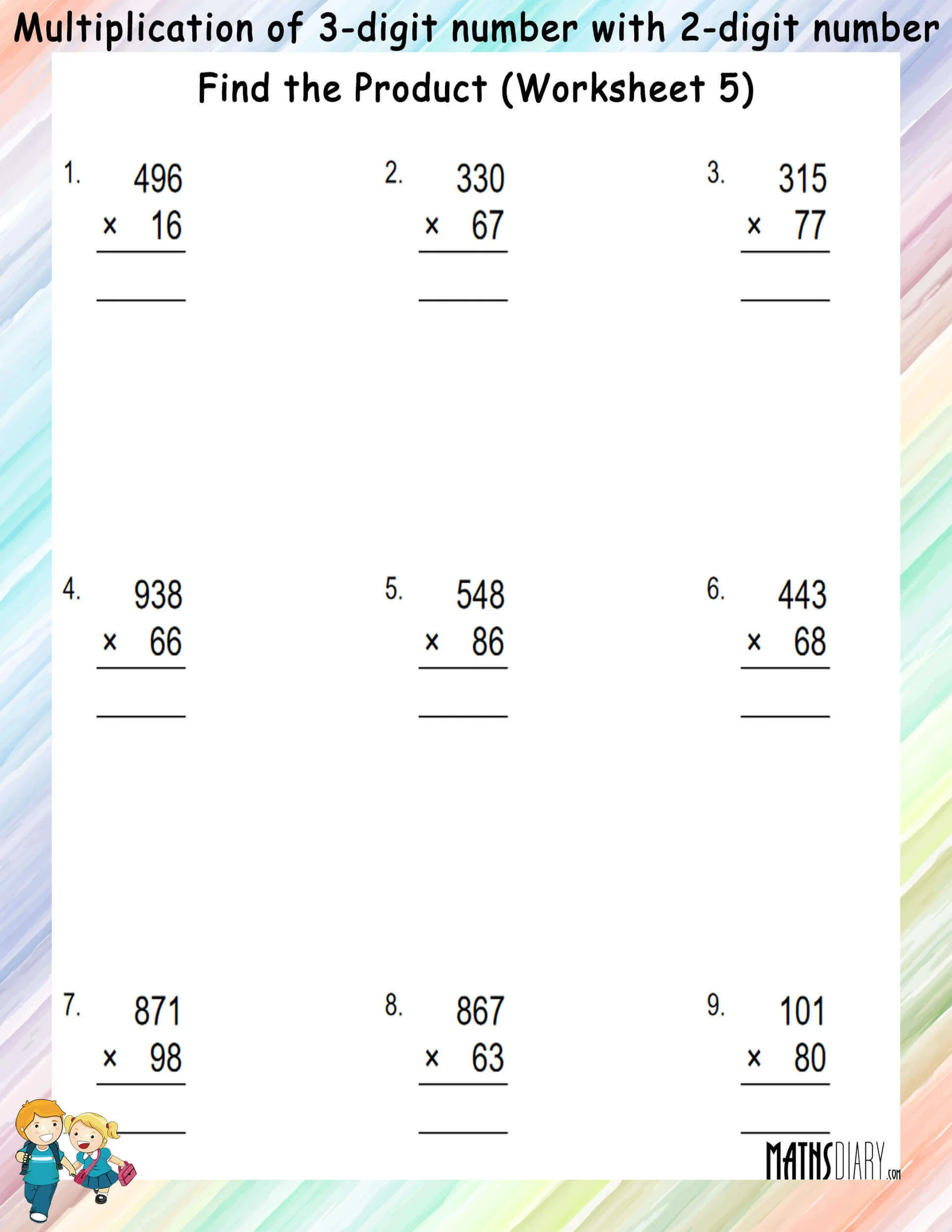 Life Science worksheet for Fourth Grade Worksheet featuring multiplication problems for two and three-digit factors aimed at fourth graders. Practice sheet for students to enhance their skills in multi-digit multiplication with regrouping.