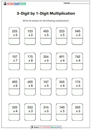 Worksheet featuring 3-digit by 1-digit multiplication exercises for educational use 3-digit by 1-digit multiplication worksheet for fourth graders focusing on multiplication practice