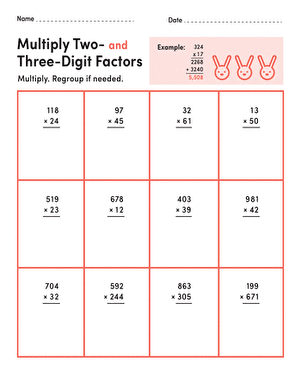 Worksheet for practicing multiplication of two and three-digit factors for fourth graders Children solving multi-digit multiplication problems with regrouping on a practice worksheet