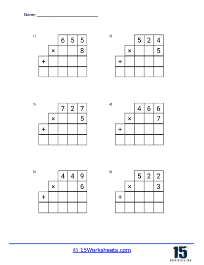 3-Digit by 1-Digit Multiplication Worksheet 14 Fourth grade students practicing 3-digit by 1-digit multiplication problems on a worksheet