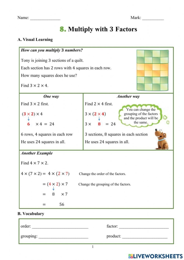 Worksheet for practicing multiplication of two and three-digit factors for fourth graders Students working on a worksheet featuring multi-digit multiplication problems with regrouping