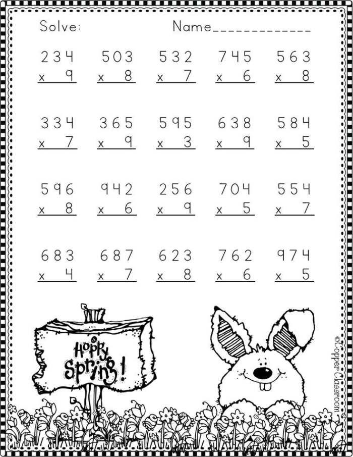 Fourth grade math worksheet featuring two pages of two-digit multiplication regrouping exercises