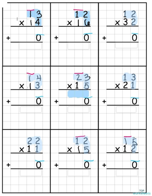 Fourth grade math worksheet featuring two pages of two-digit multiplication regrouping practice exercises