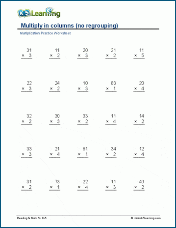 Fourth grade multiplication with regrouping practice worksheet with forty problems