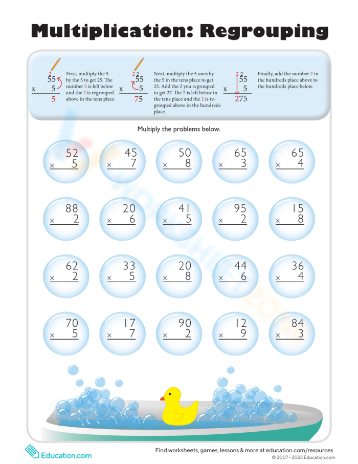 Multiplication regrouping worksheet designed for fourth graders with two-digit problems