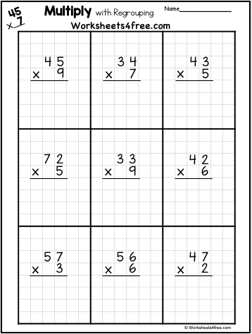 Fourth grade math worksheet featuring two pages of two-digit multiplication regrouping exercises