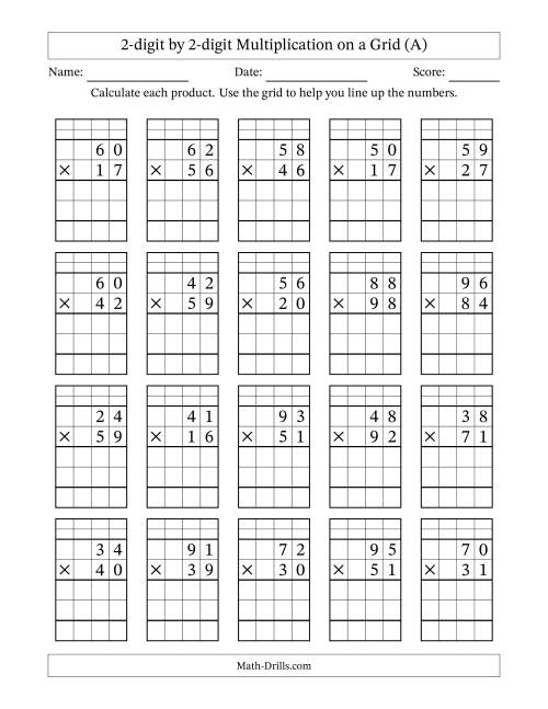 Fourth grade math worksheet featuring forty multiplication problems with regrouping exercises