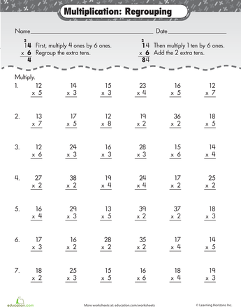 Fourth grade math worksheet featuring two pages of two-digit multiplication regrouping exercises