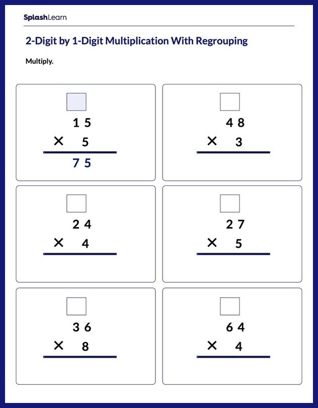 Fourth grade math worksheet featuring forty multiplication problems with regrouping exercises