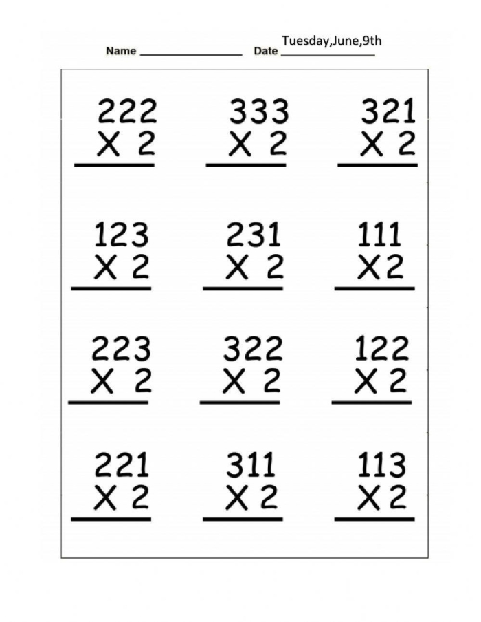 Fourth grade students practicing multi-digit multiplication regrouping with this printable two-page math exercise