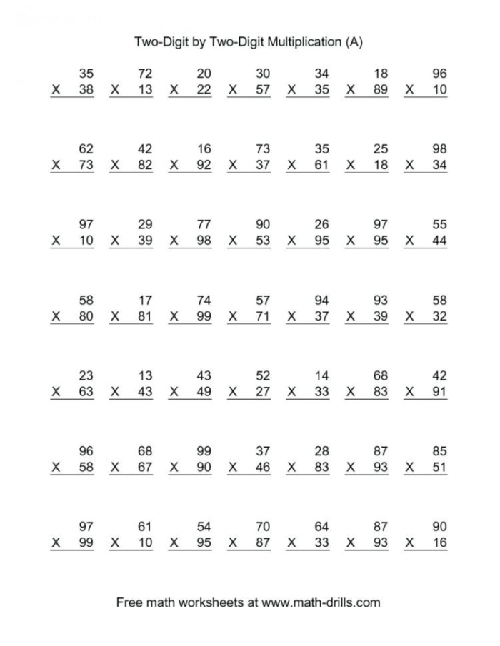 Fourth grade multiplication regrouping worksheet featuring two pages of two-digit math problems
