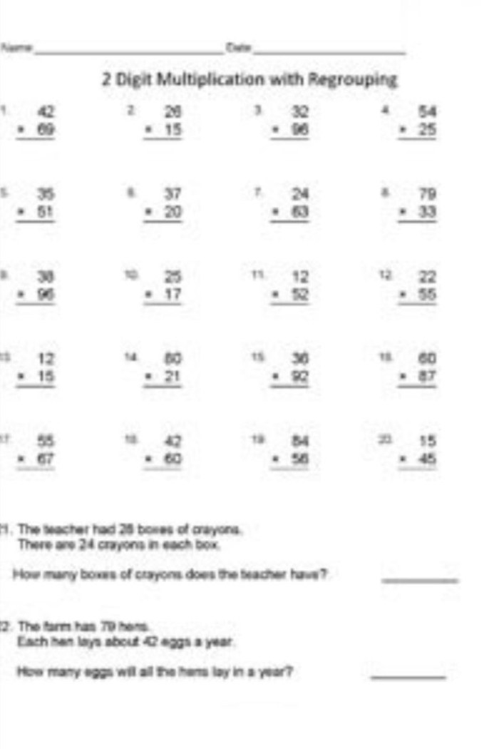 Multiplication regrouping worksheet for fourth graders featuring two pages of problems