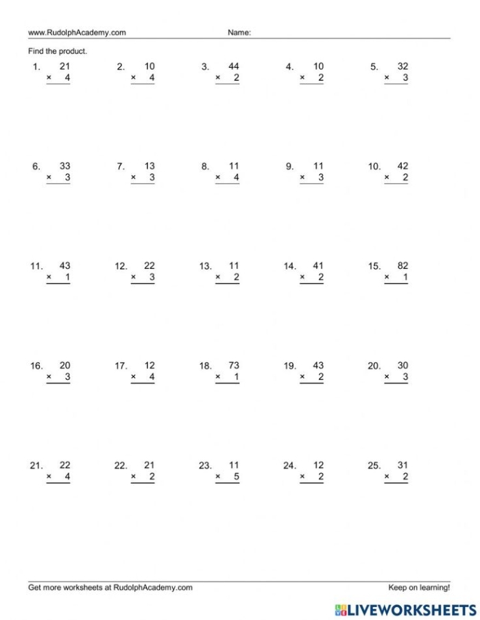Fourth grade math worksheet featuring two pages of multiplication regrouping problems for practice