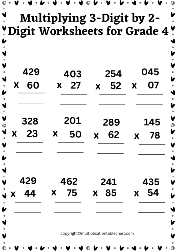 Worksheet featuring three strategies for multiplying two-digit numbers using base ten arrays, area models, and partial products
