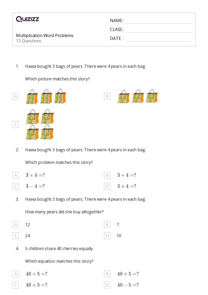 Multiplication word problem exercise for elementary math students practicing two-digit calculations Fourth grade students solving multiplication word problems with two-digit numbers on a classroom worksheet