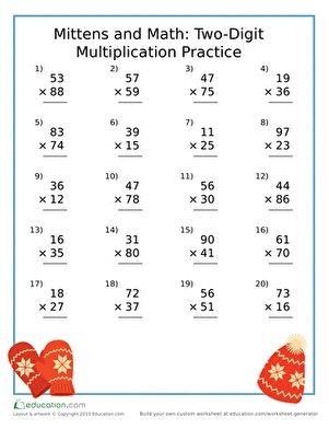 Fourth grade student working on a winter-themed two-digit multiplication worksheet with mittens