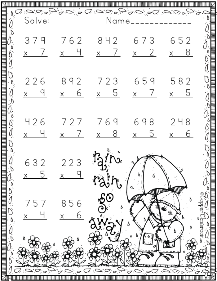 3-Digit by 1-Digit Multiplication Practice Worksheet for Fourth Grade Fourth grade math worksheet featuring 3-digit by 1-digit multiplication problems