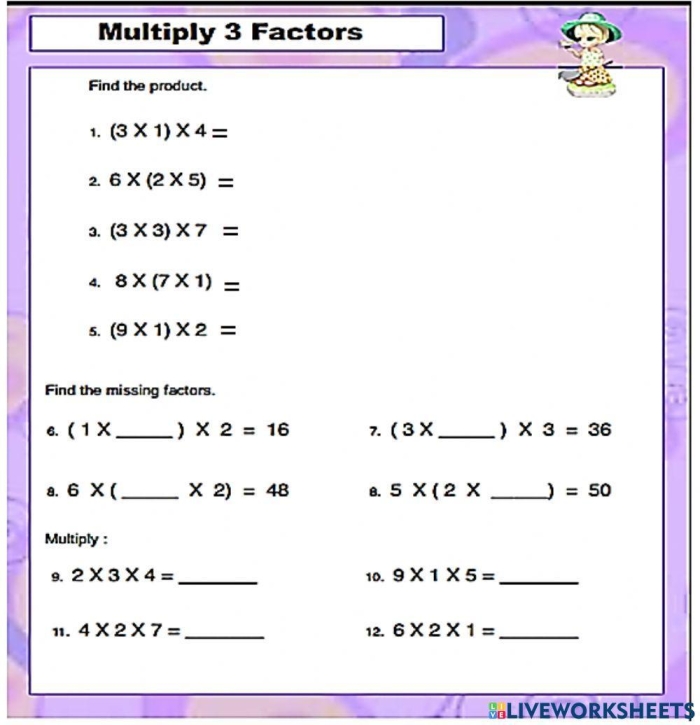 Fourth-grade students solving math problems on a worksheet focused on regrouping in multiplication Children working on a Multiply Two and Three-Digit Factors worksheet featuring multi-digit multiplication problems