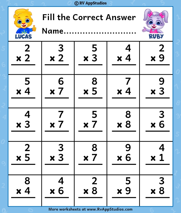 Worksheet featuring multiplication practice for one- and two-digit numbers aimed at fourth graders
