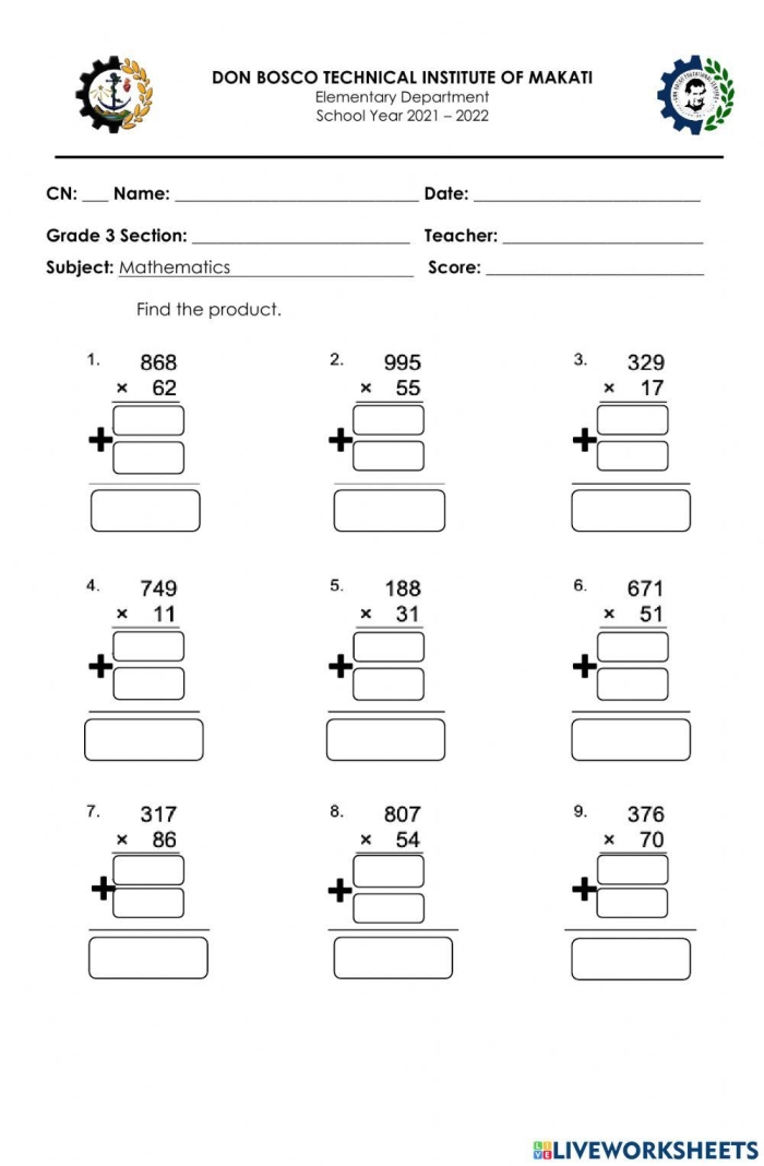 Practice worksheet for multiplying multi-digit numbers with regrouping, image 23 Worksheet featuring multiplication problems with two and three-digit factors for fourth graders