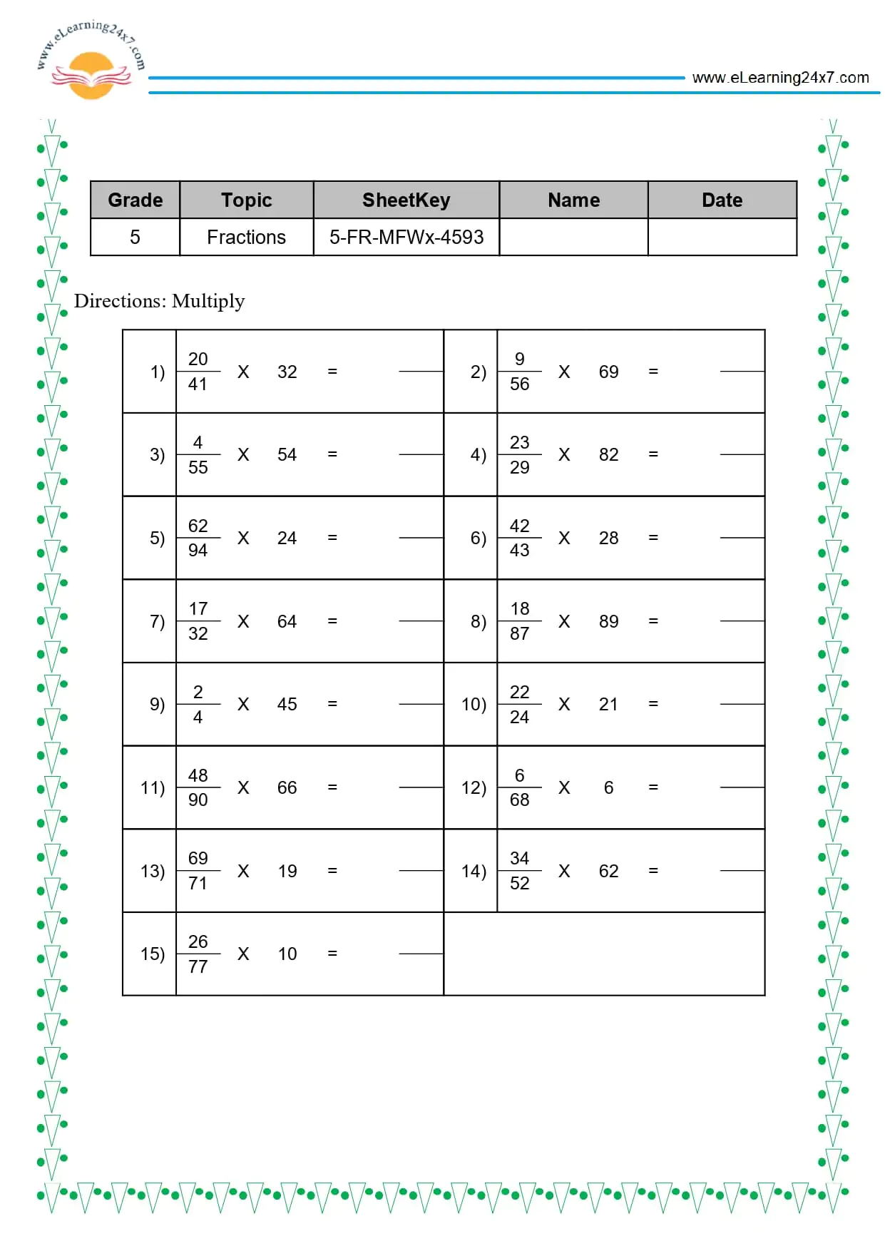 Worksheet image depicting whole number multiplied by a fraction for educational use Illustration of a worksheet for teaching whole number and fraction multiplication for fourth graders