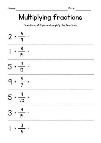 Worksheet image for teaching multiplication of whole numbers with fractions, image 23 Illustration of a worksheet designed for fourth graders to practice whole number and fraction multiplication