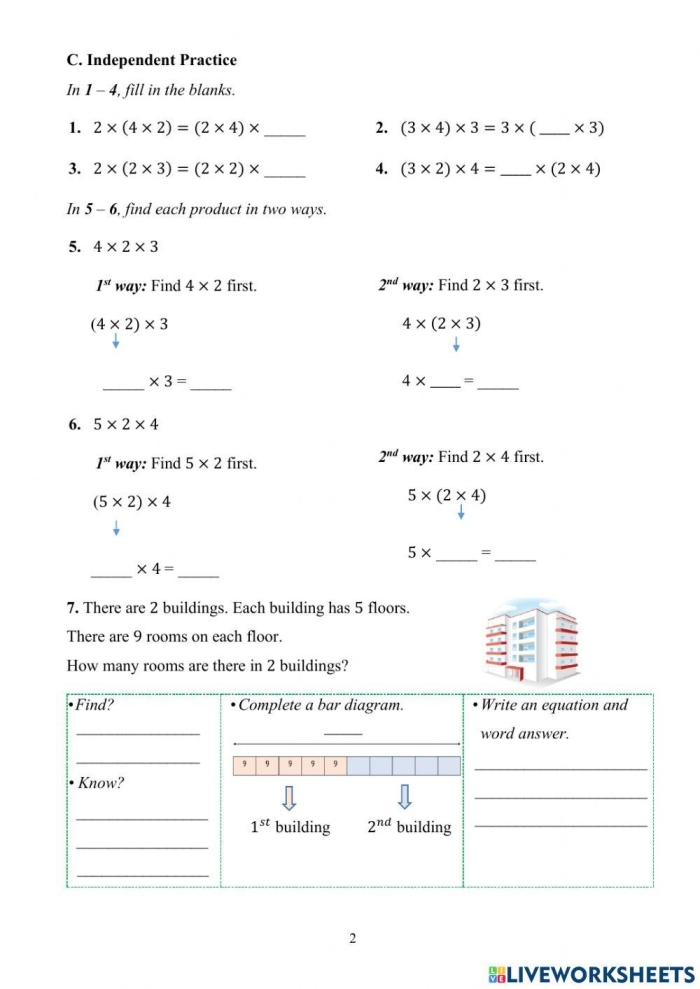 Educational worksheet for fourth graders focusing on multi-digit multiplication practice Kids working on a Multiply Two and Three-Digit Factors worksheet with 12 problems to solve