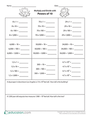 Fourth grade worksheet for multiplying numbers by various powers of 10 Students engaged in a Multiply by Powers of 10 worksheet for fourth grade practice