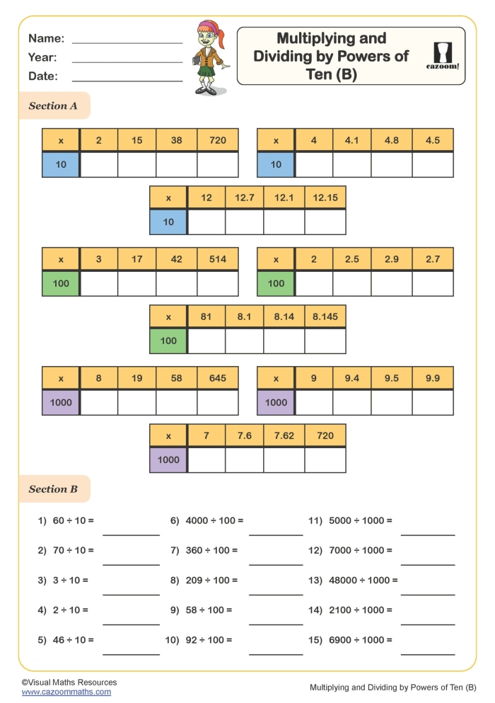 Practice worksheet on multiplying by powers of 10 for students Worksheet for multiplying numbers by various powers of 10 for fourth graders