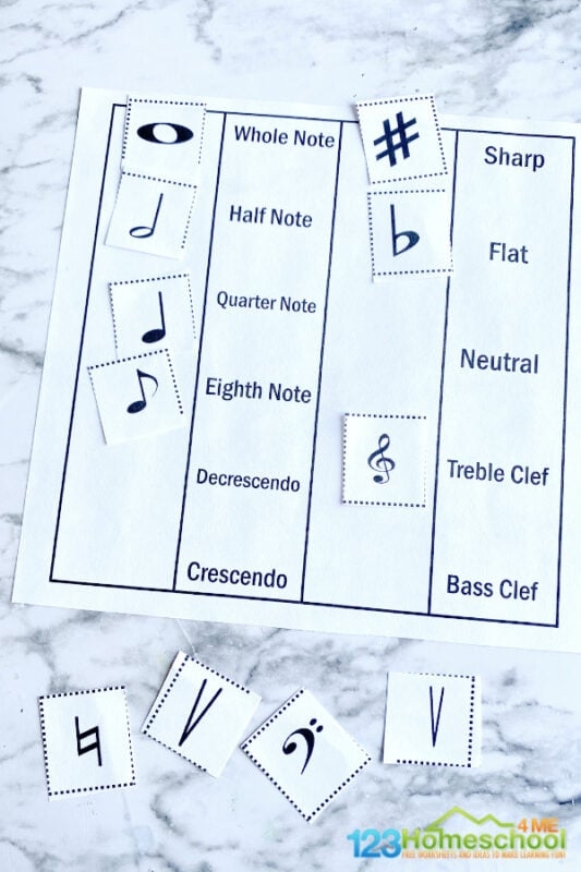 Fourth grade student practicing musical notes on a beginner reading music worksheet