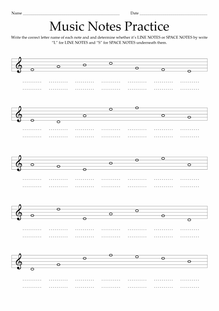 Fourth grade student learning to identify musical notes on a staff worksheet