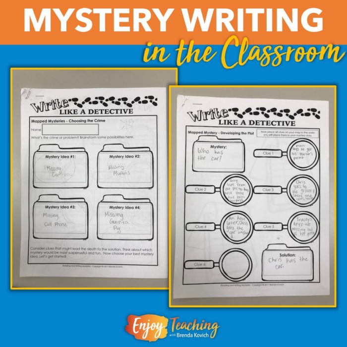 Fourth grade writing practice worksheet for completing a mystery story to enhance vocabulary and spelling skills