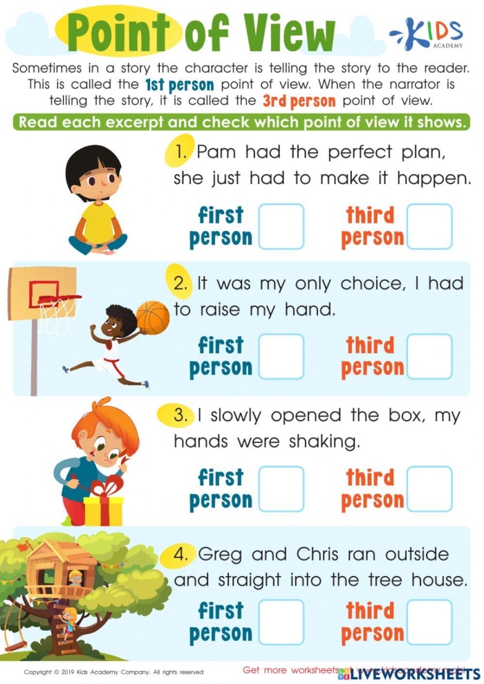 Fourth grade worksheet comparing first and third person narration with fiction and nonfiction examples