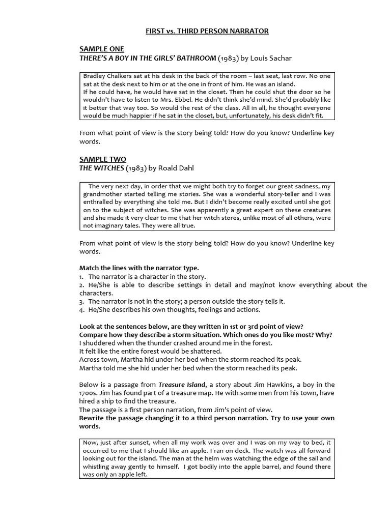 Fourth grade worksheet comparing first and third person narration in civics and government texts
