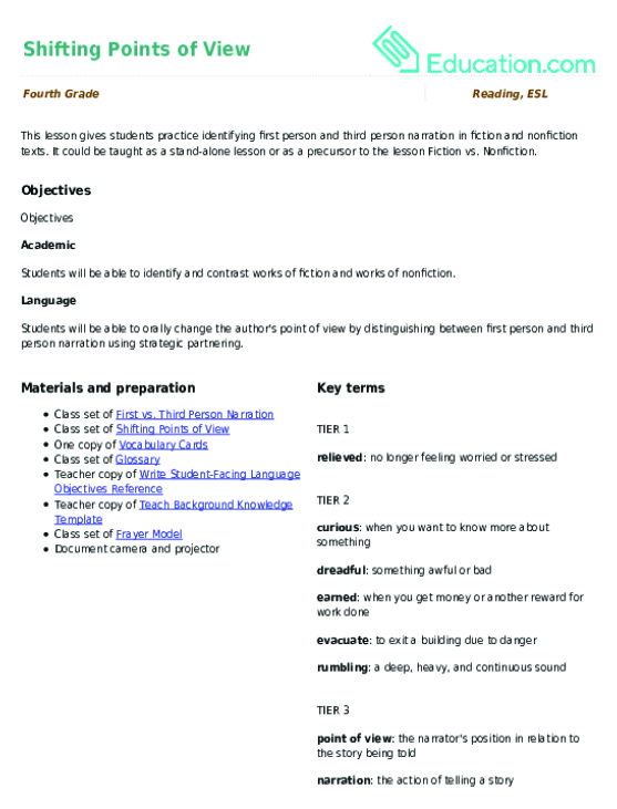 Worksheet for rewriting narration and point of view in texts for fourth graders